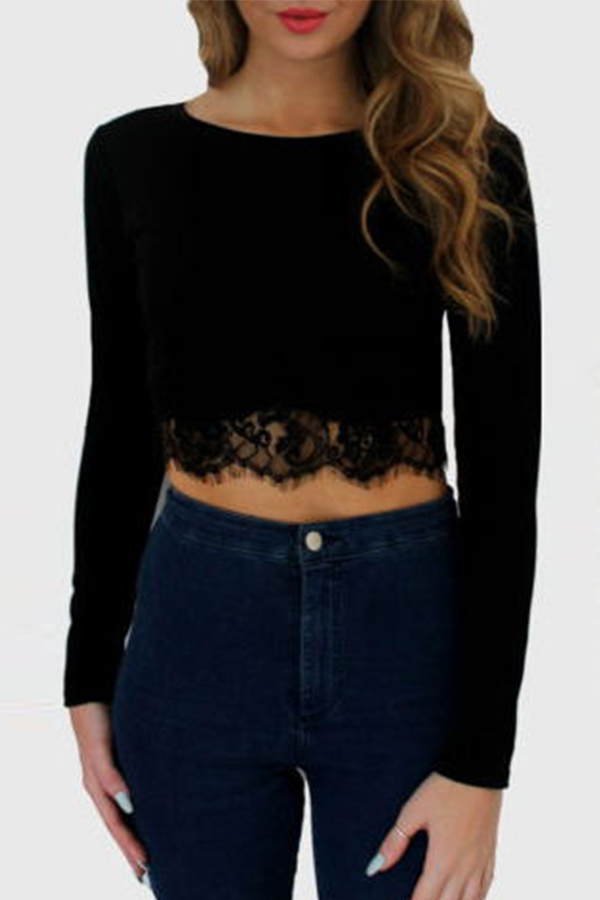 Fashion Women Lace Bodycon Shirt Tunic Long Sleeve Crop Top Sexy Clubwear Tops