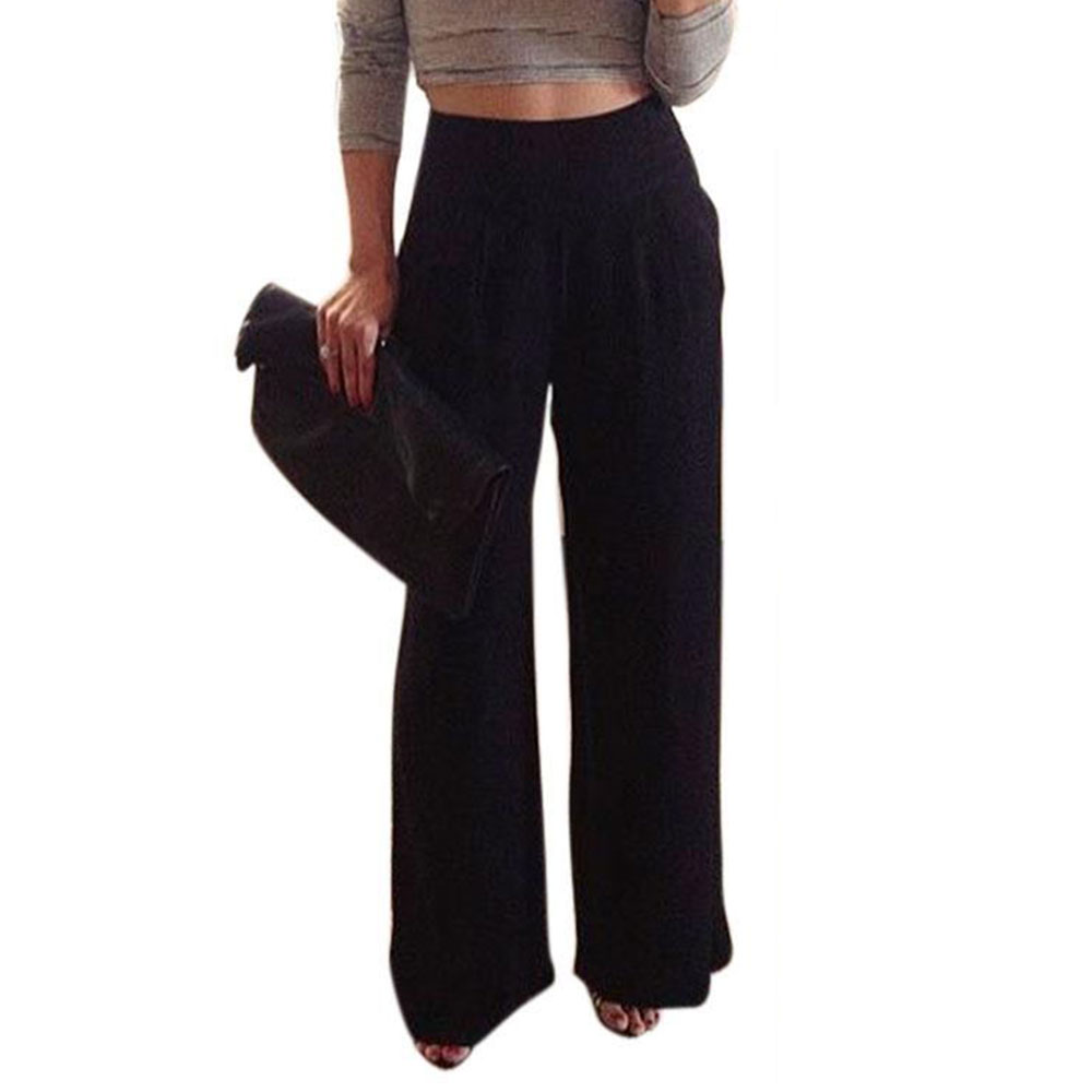 Women Trousers Solid Palazzo Wide Leg High Waist Long Loose Fit Casual ...